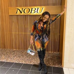 Abstract Print Long-Sleeve Jumpsuit - Multicolor